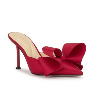 Jessica Simpson Valrin Bow Stiletto Mules Red Muse Matte Satin Size 7.5